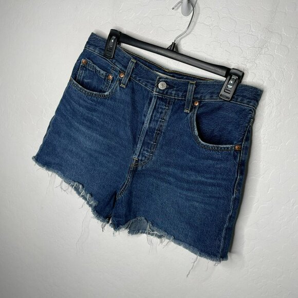 Levis Blue Medium Wash Ribcage Denim High Waisted Button Fly Shorts - Picture 3 of 9